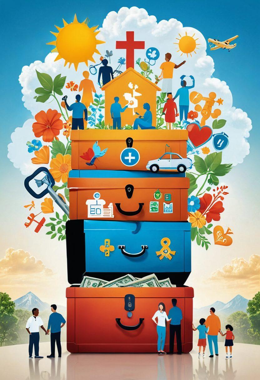 A vibrant collage of diverse people exploring various health coverage options, such as family plans, individual insurance, and wellness programs. Illustrate a giant key unlocking a treasure chest labeled 'Affordable Health Coverage', surrounded by icons of medical symbols, dollar signs, and happy families. The setting should be bright and inviting, conveying a sense of hope and accessibility. Include a background with soft clouds and sunshine to represent positivity in health choices. super-realistic. vibrant colors.