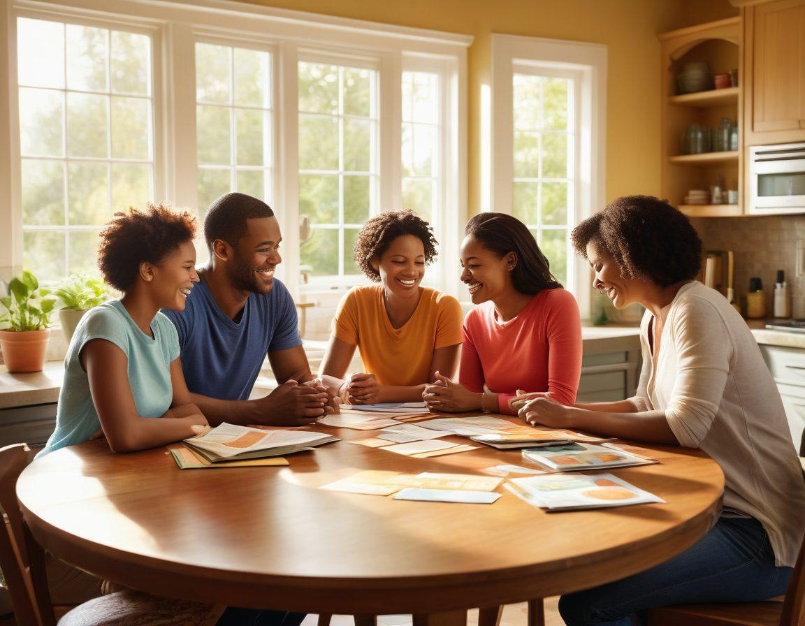 A comforting family scene depicting a diverse family sitting together at a kitchen table, discussing wellness options with cheerful expressions. Include elements like health pamphlets, calculators, and a laptop showcasing insurance comparison tools. Soft sunlight streaming through the window creates a warm atmosphere, symbolizing hope and corporate responsibility. Super-realistic. warm colors. natural light.