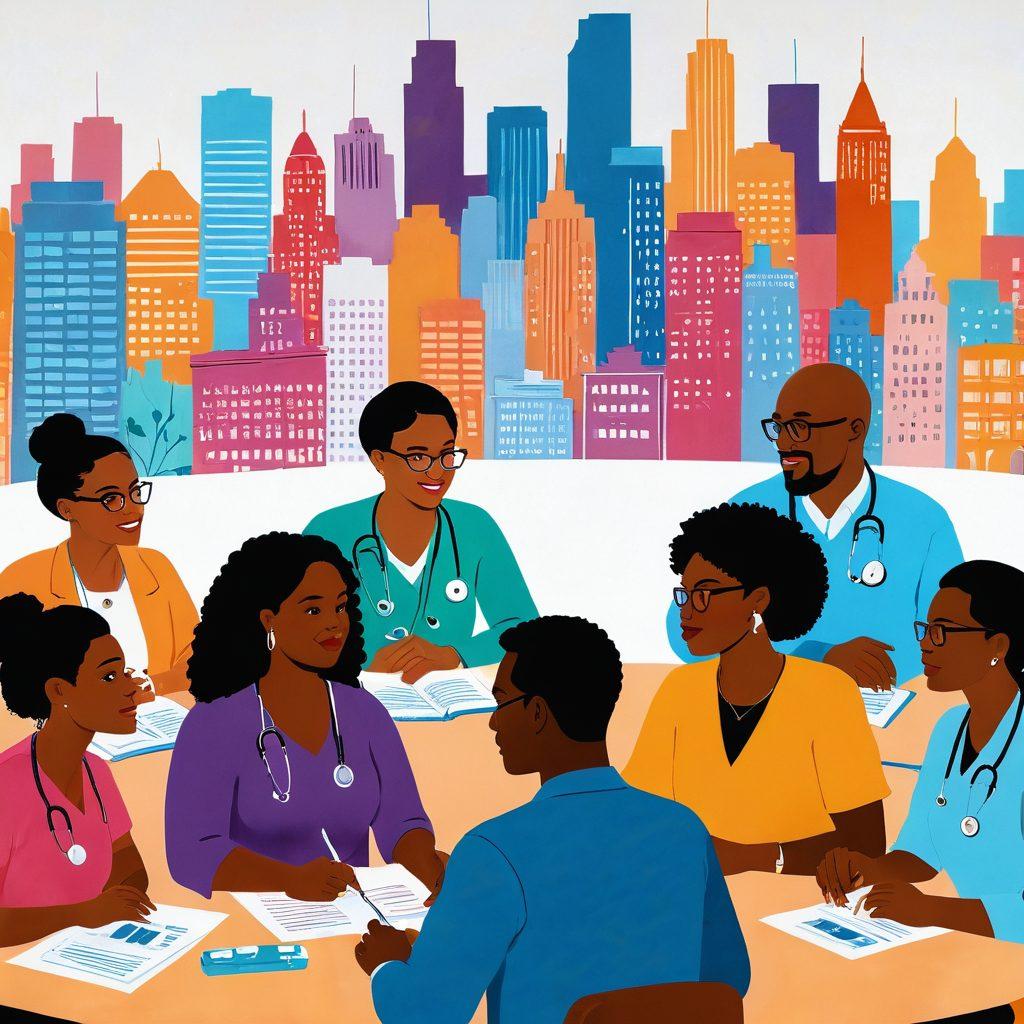 A visual representation of a diverse group of people discussing health coverage, surrounded by illustrations of individual insurance policies, group plans, and healthcare icons like stethoscopes and pills. The setting is vibrant and welcoming with a city skyline in the background, symbolizing accessibility to healthcare. Emphasize a sense of community and support, with warm colors that inspire trust and hope. super-realistic. vibrant colors. white background.